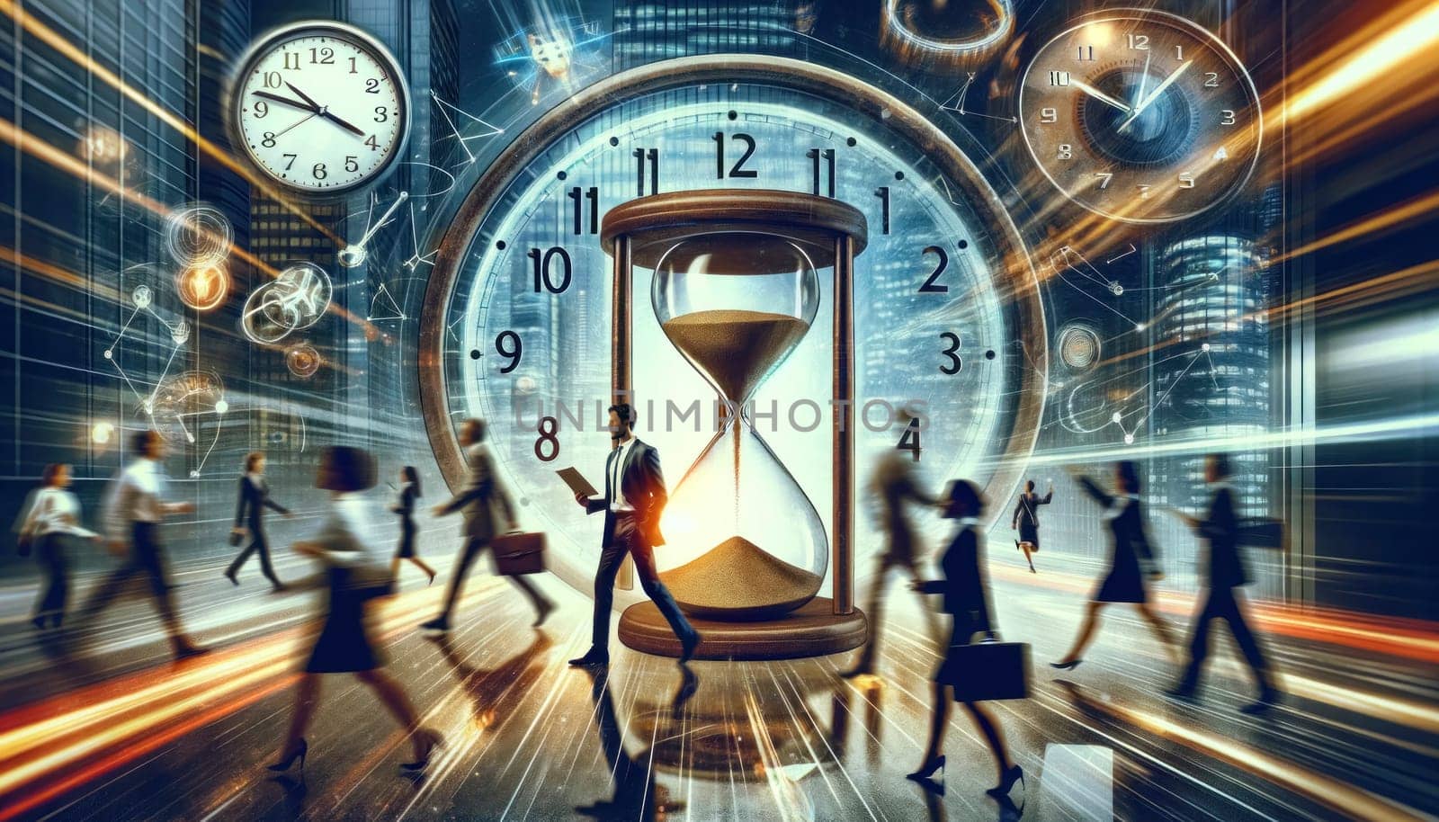 Hourglasses and clocks blend with the bustle of city life