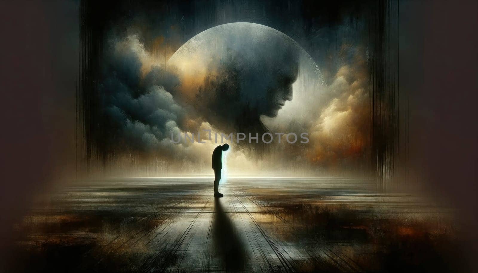 A lone figure shrouded in darkness, with subdued lighting accentuating a somber mood, symbolizing the isolation and heaviness of depression