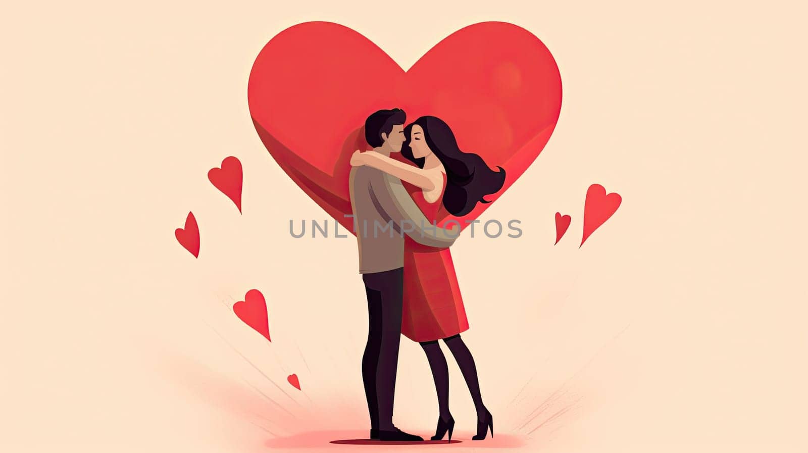 Woman and men hug with heart icon on the background, valentine concept by Kadula