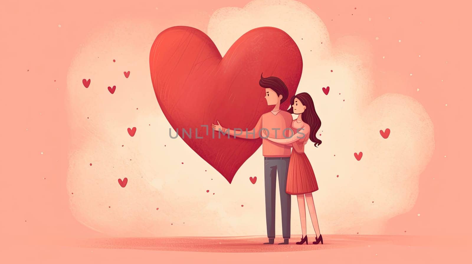 Woman and men hug with heart icon on a background, valentine concept