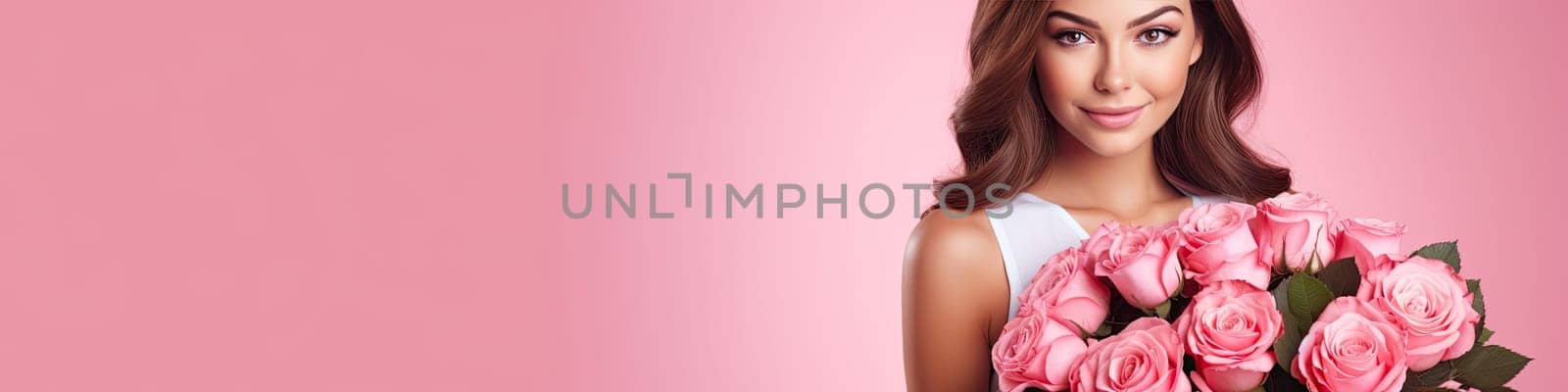 Pretty young woman with pink roses isolated on pink background by Kadula