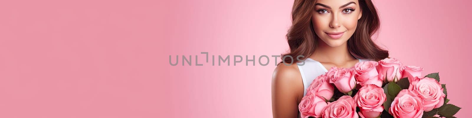 Pretty young woman with a pink roses isolated on pink background