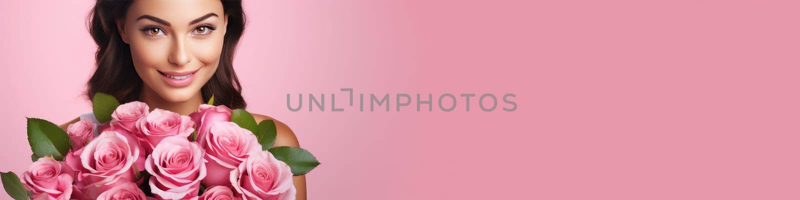 Pretty young woman with a pink roses isolated on pink background