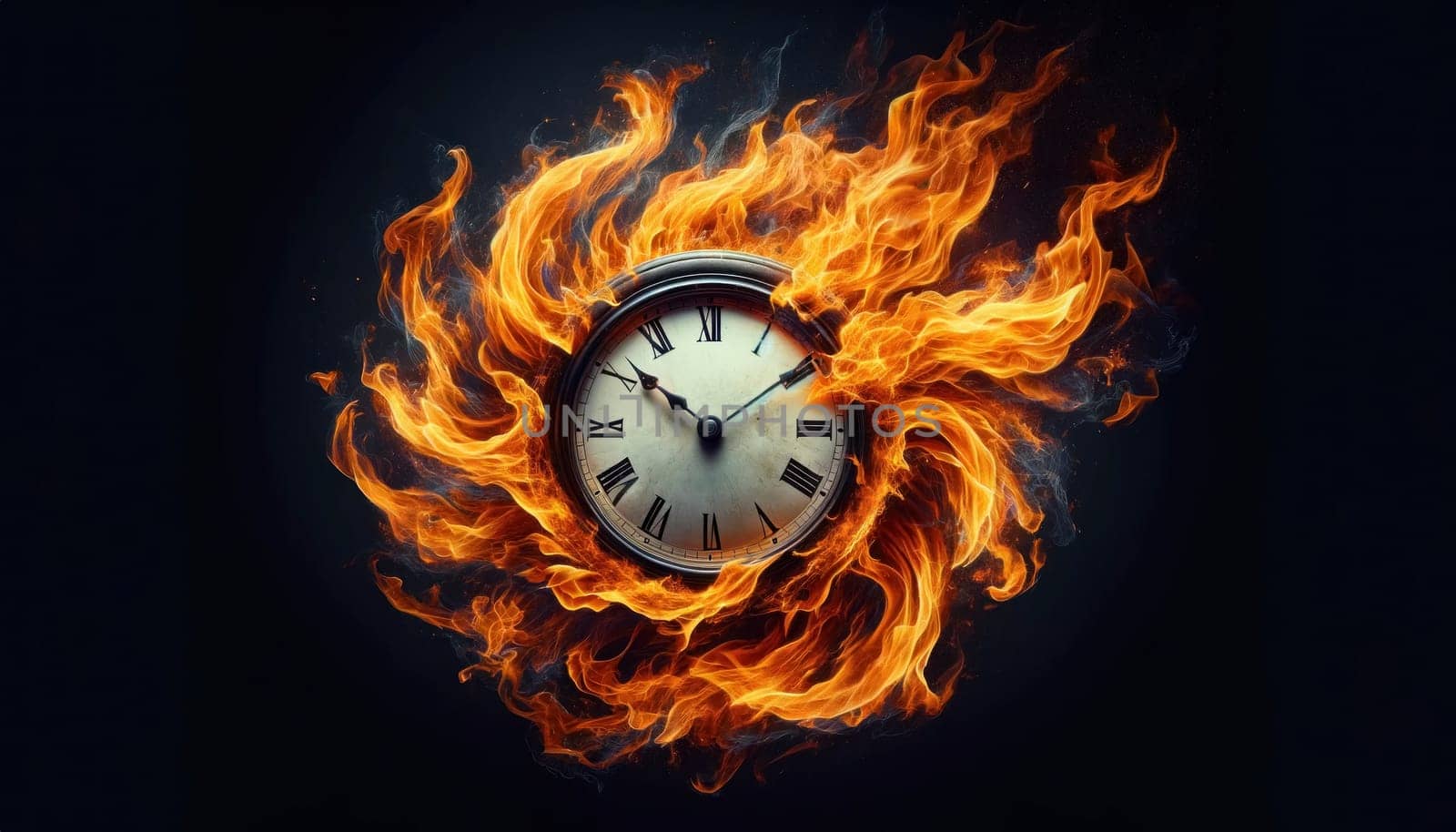 A clock dial aflame, offset, epitomizes time's ceaseless flow
