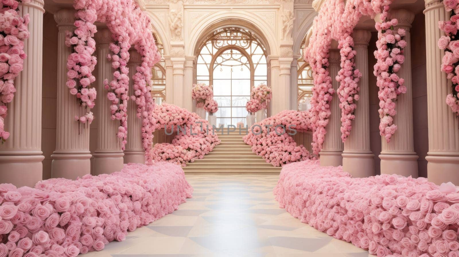 Beautifully decorated ceremonial hall for a wedding ceremony with a pink roses, wed concept by Kadula