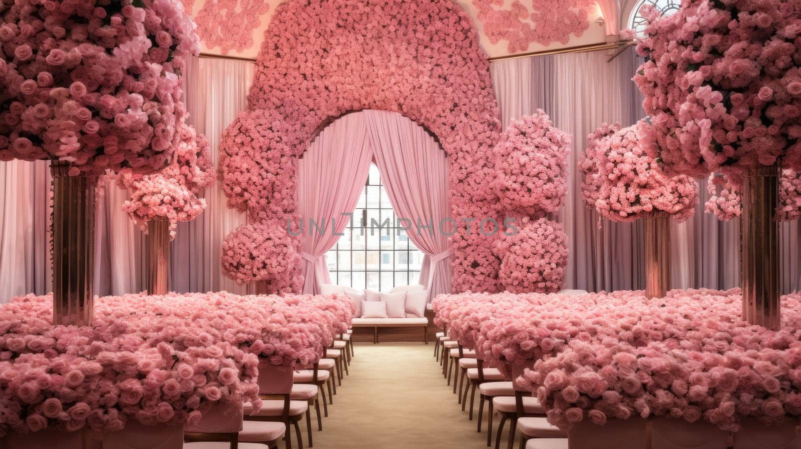 Beautifully decorated ceremonial hall for a wedding ceremony with pink roses, wed concept