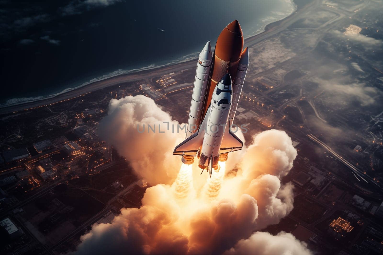 Aerial view of rocket launch at sunrise over ocean coast by dimol