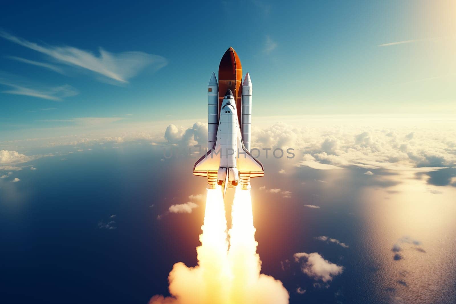 Aerial view of a rocket shuttle carrier launch at sunrise over an ocean coast. The rocket is blasting off with a trail of smoke and flames behind it.