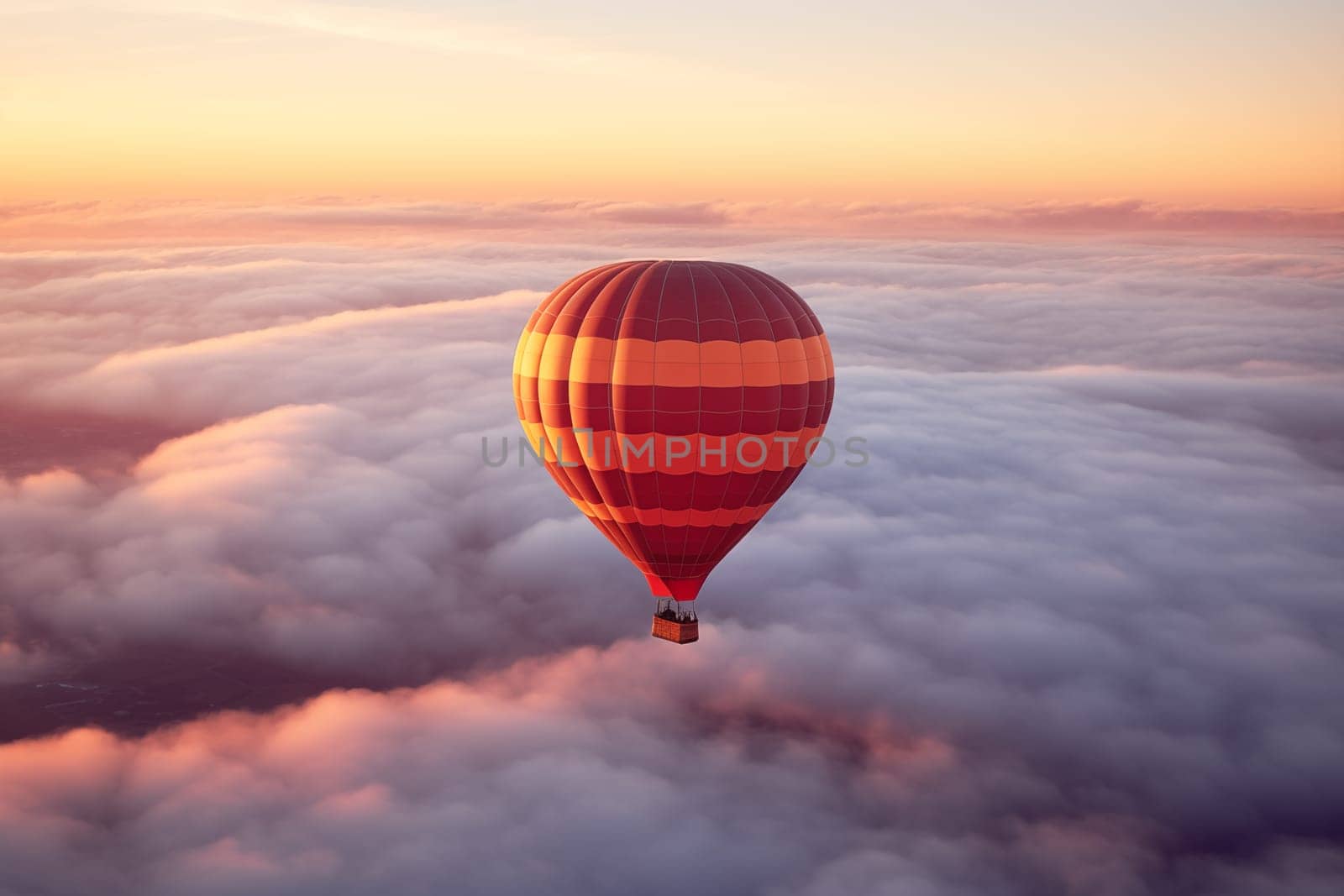 Colorful hot air balloon floats over a sea of clouds at sunset by dimol