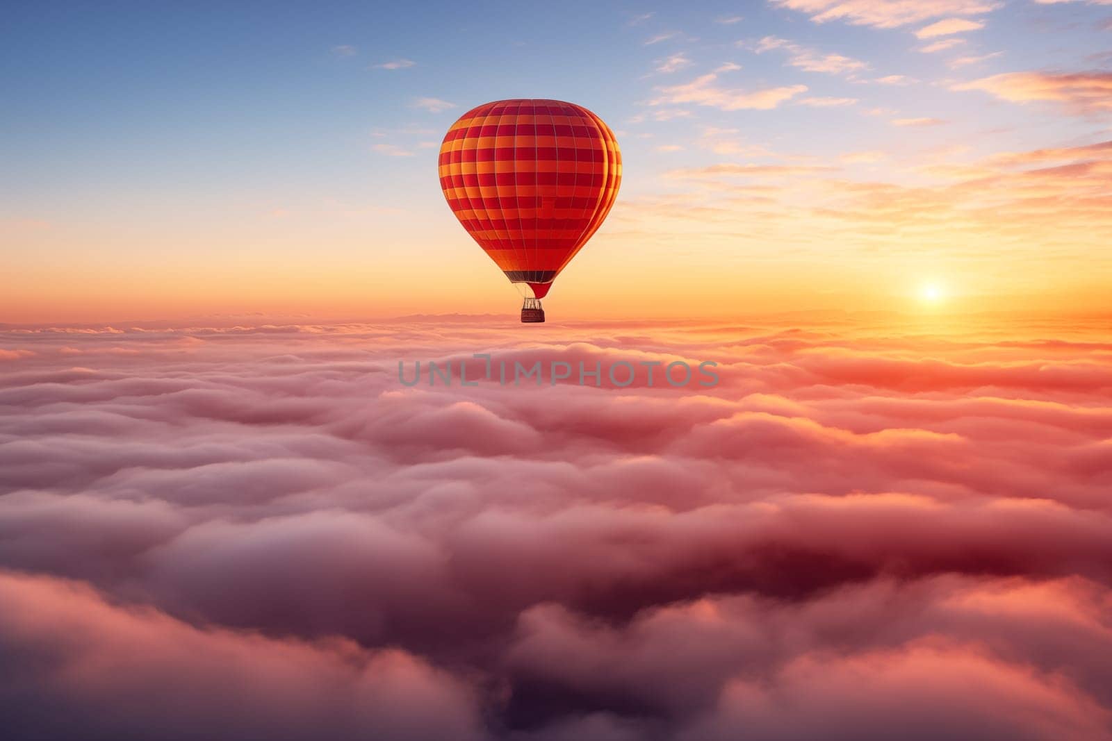 Colorful hot air balloon floats over a sea of clouds at sunset at sunset with orange and blue skies in the background. Travel journey adventure beauty of nature concept