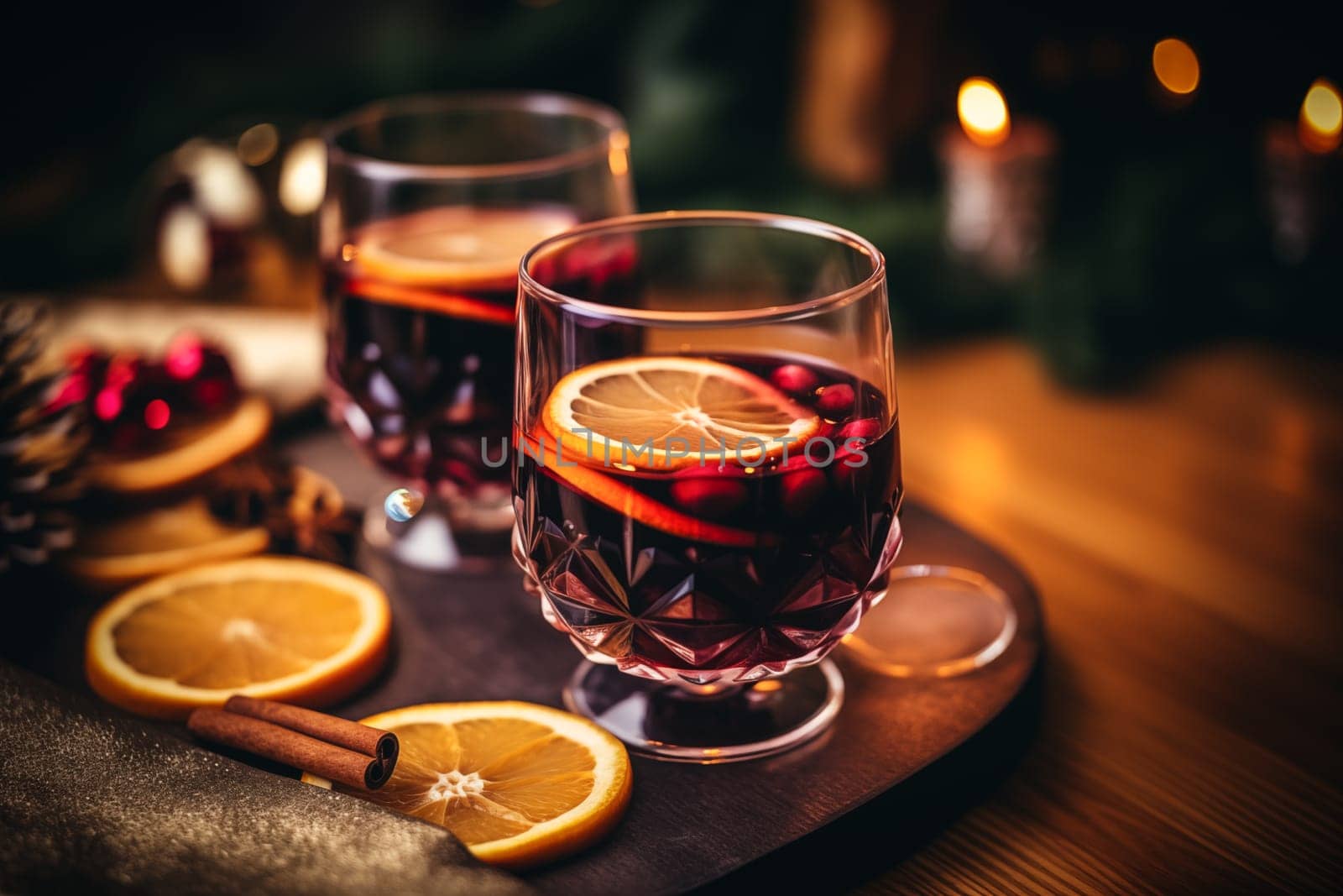 Two glasses of traditional mulled wine with orange and cranberry garnishes on a cozy Christmas table. The background is blurred with bokeh lights and candles, creating a warm and festive atmosphere