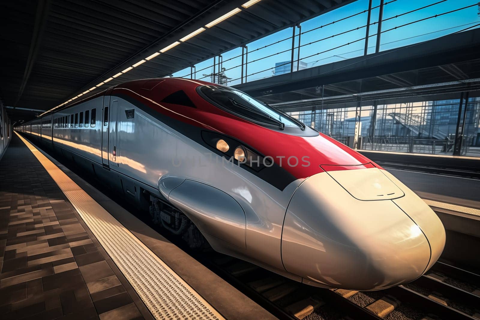 Modern high speed train in a futuristic train station. Modern transportation technology, speed, travel concepts. Railroad with motion blur effect