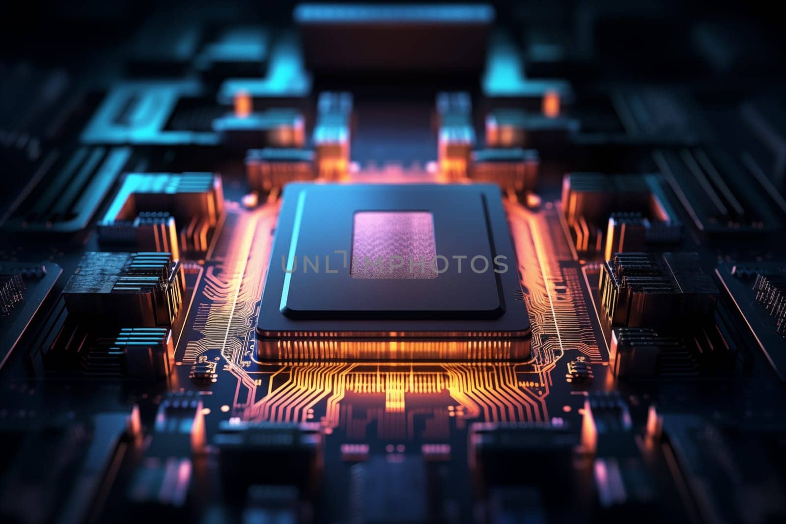 Close-up of a computer processor chip on a motherboard by dimol