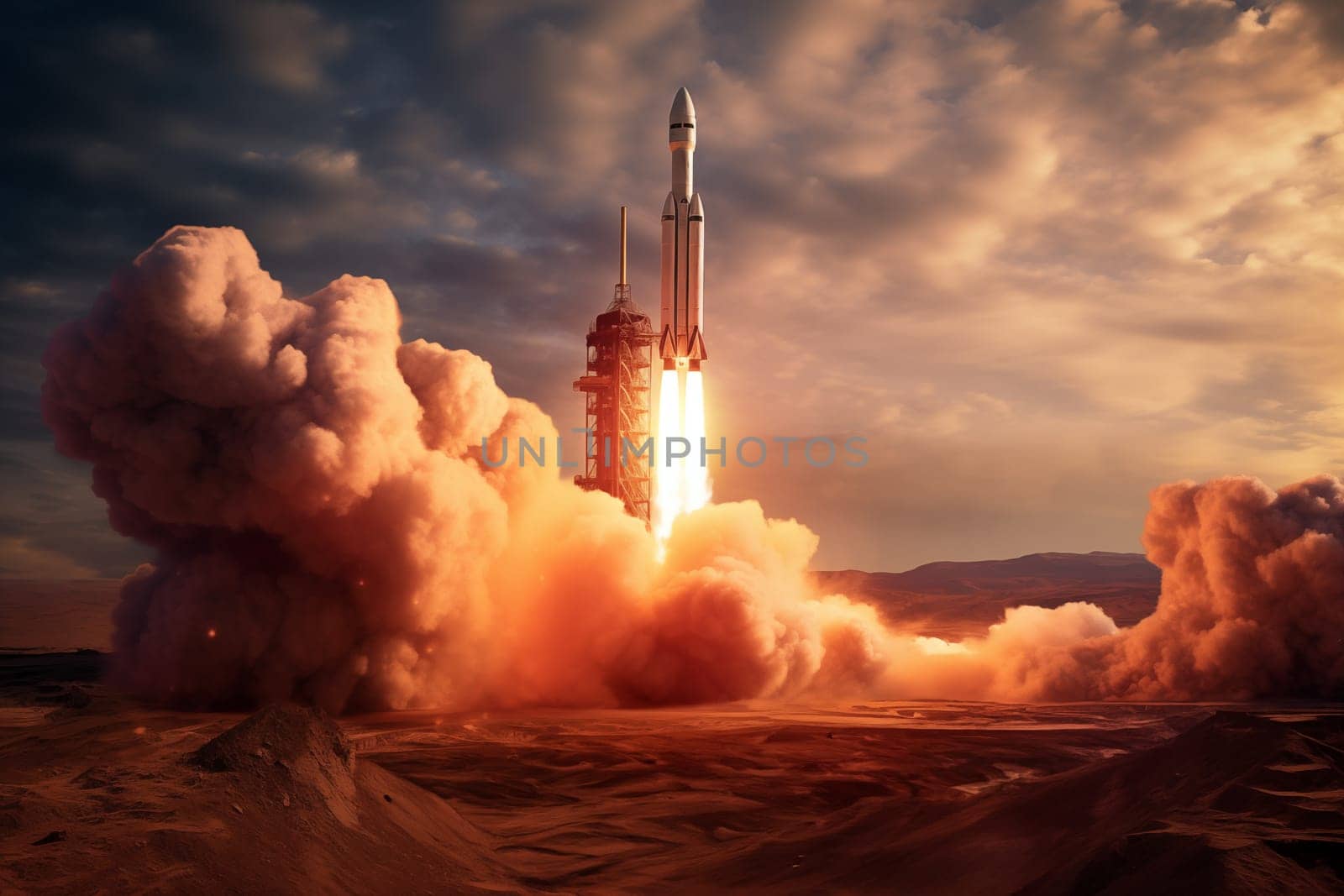 View of rocket launch at sunrise over ocean coast by dimol