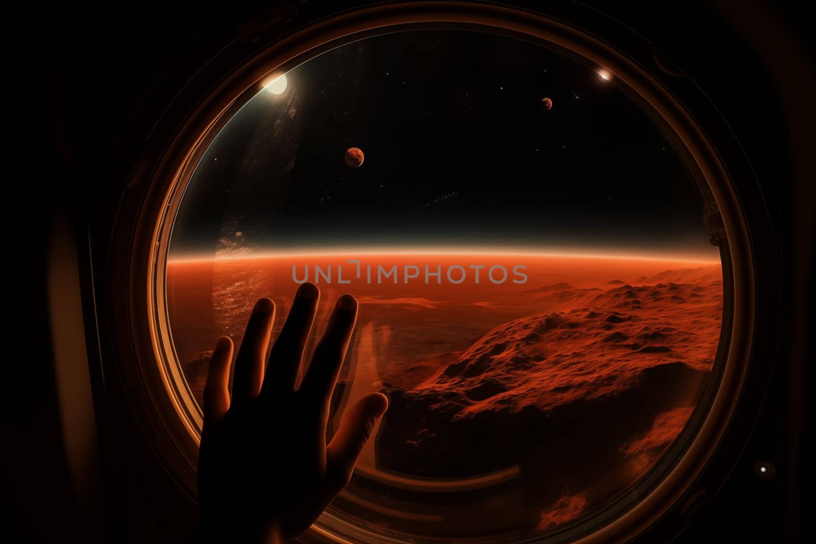 Mars landscape seen through spaceship window illuminator with astronaut hand touching the glass. Concept of extraterrestrial journey space exploration, conveys sense of otherworldly beauty and wonder