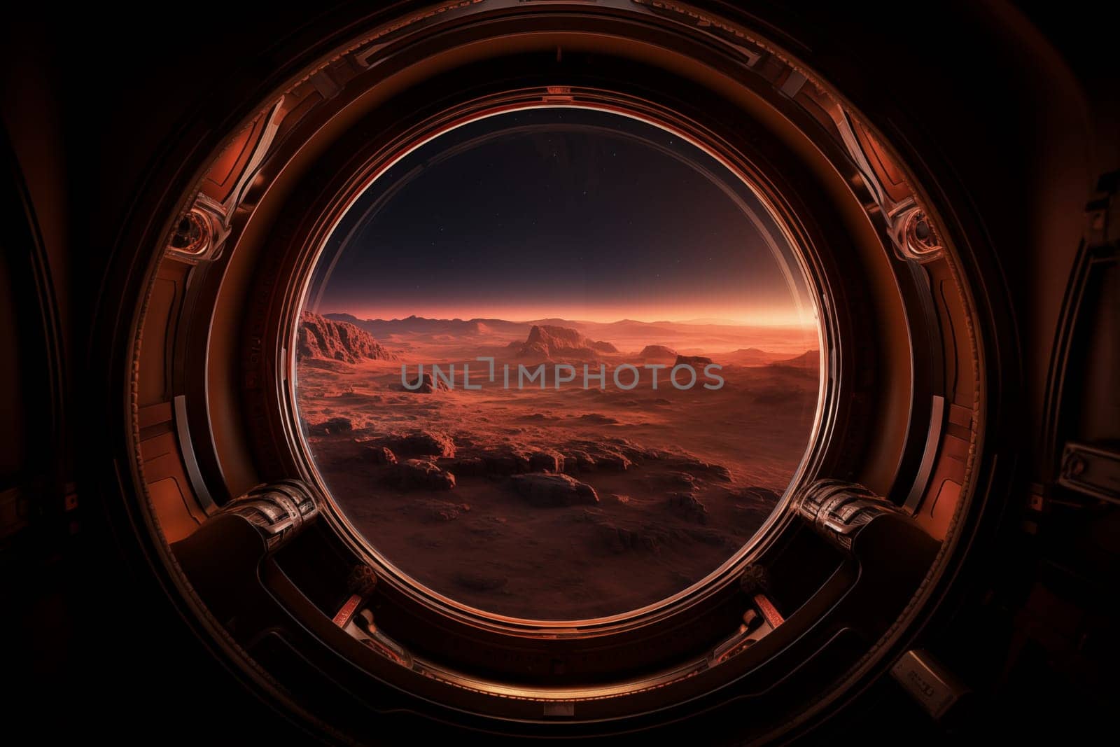 Mars landscape seen through spaceship window illuminator. Concept of extraterrestrial journey space exploration, conveys sense of otherworldly beauty and wonder