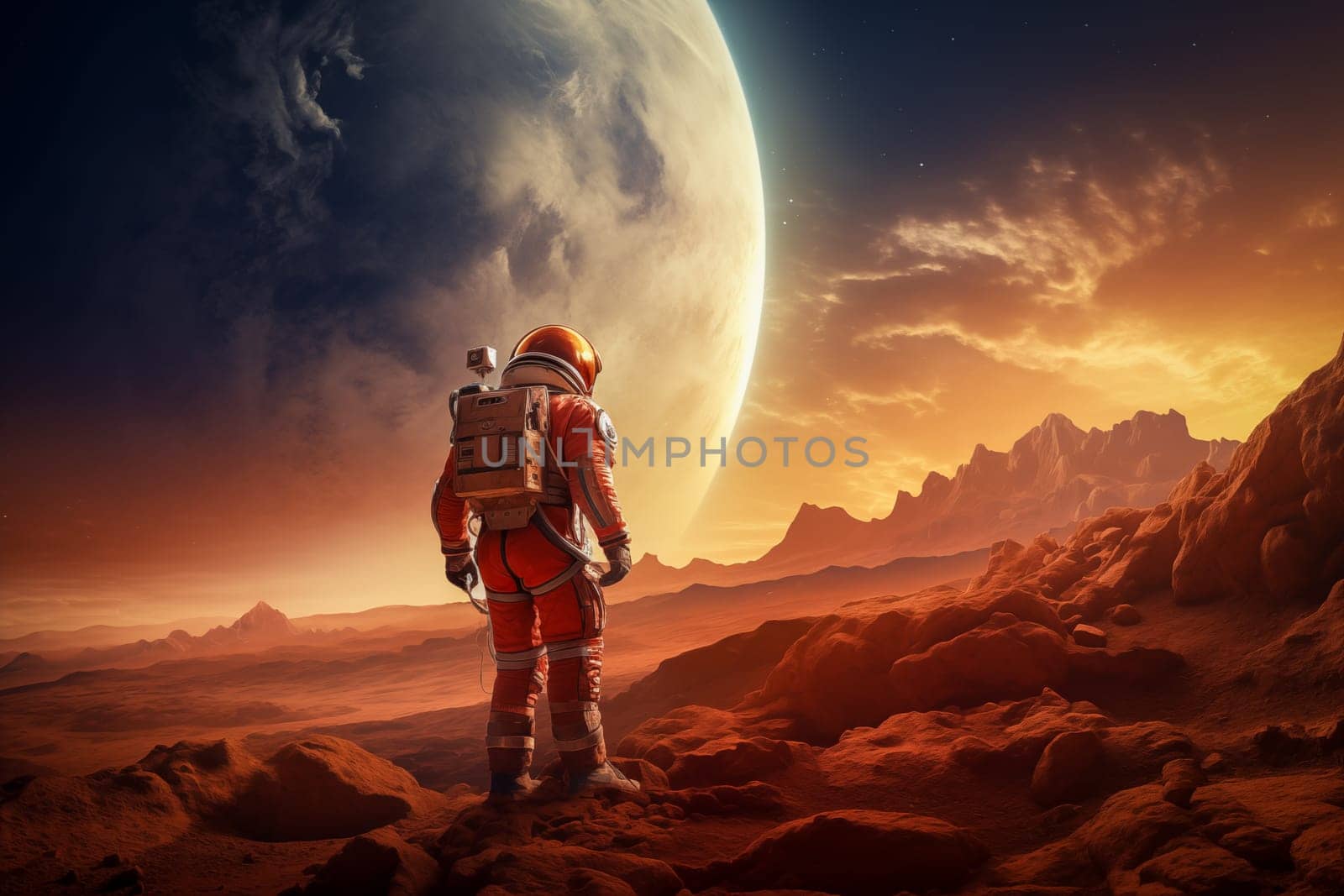 Future space travel mission to Mars - Astronaut in an orange suit walking on the surface of Mars with mountains and a moon in the background.