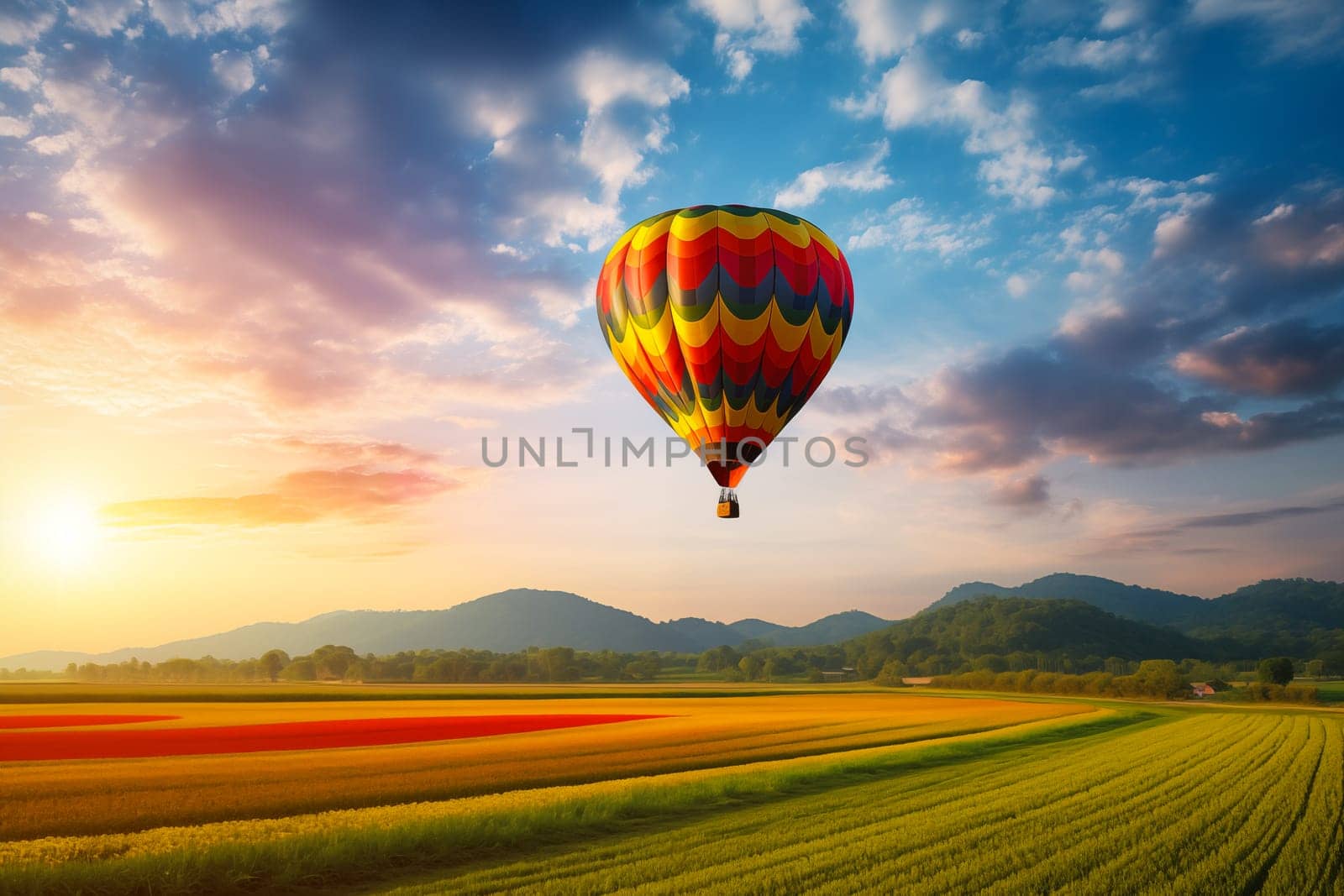 A colorful hot air balloon floats in sky over a blooming field meadow of flowers landscape at sunset with orange and blue skies in the background. Travel journey adventure beauty of nature concept