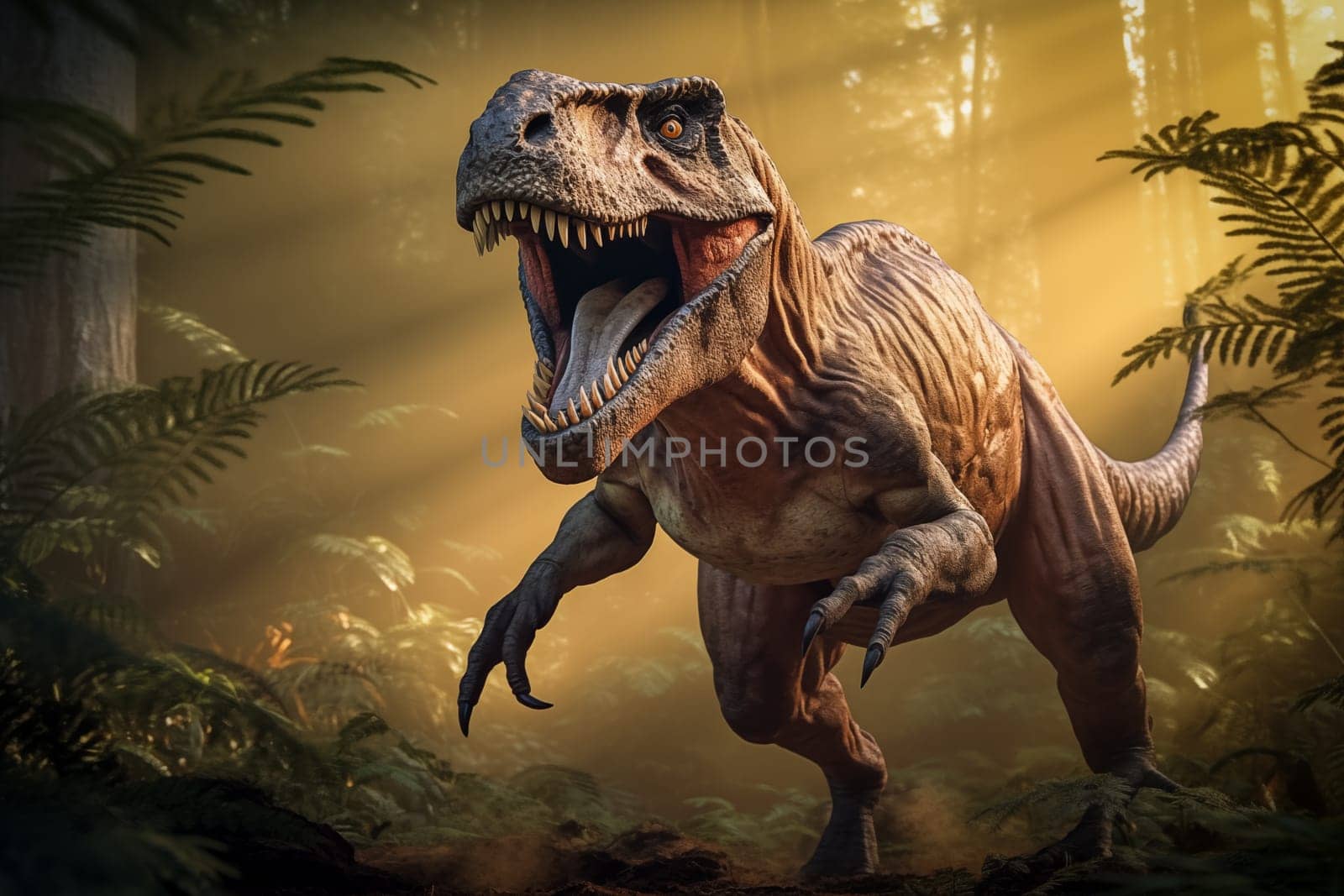 Tyrannosaurus rex roaring in a prehistoric forest with ferns and sunlight by dimol