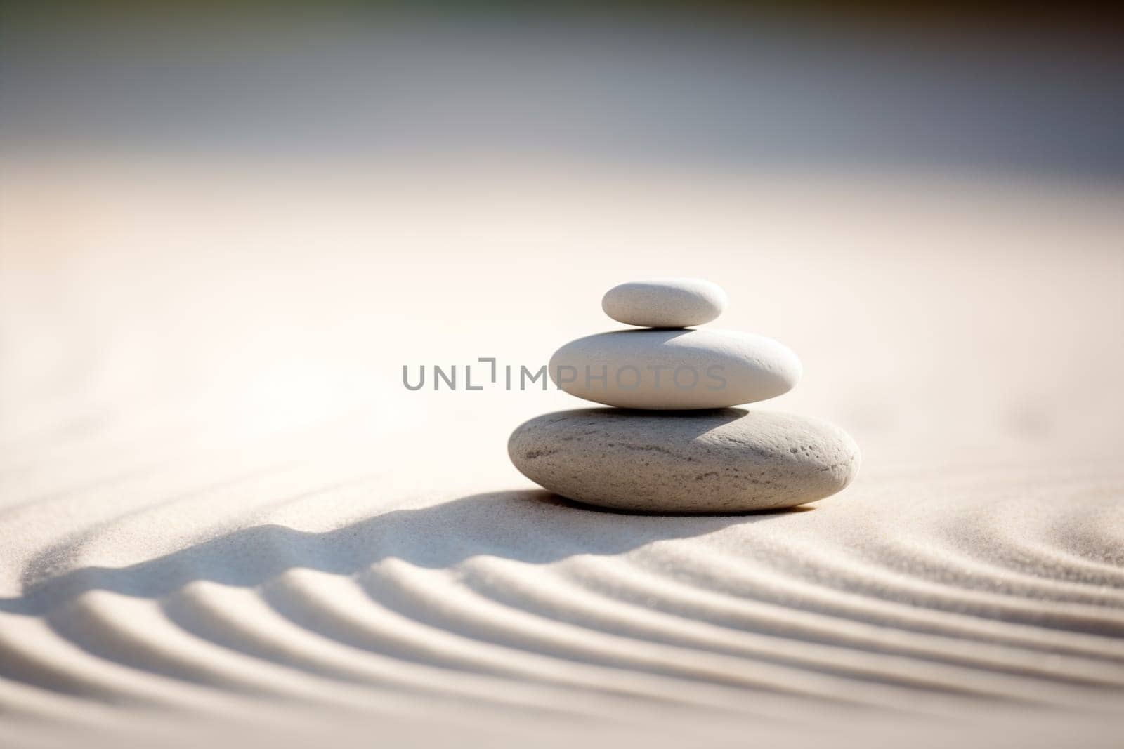 Zen stones stack on raked sand in a minimalist setting for balance and harmony by dimol