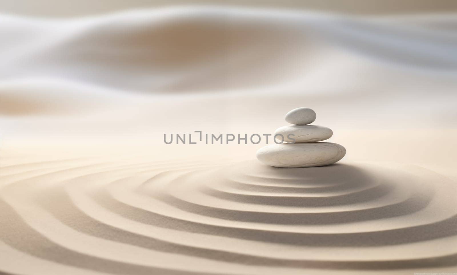 Zen stones stack on raked sand in a minimalist setting for balance and harmony. Balance, harmony, and peace of mind, wellness, meditation, and spirituality concept