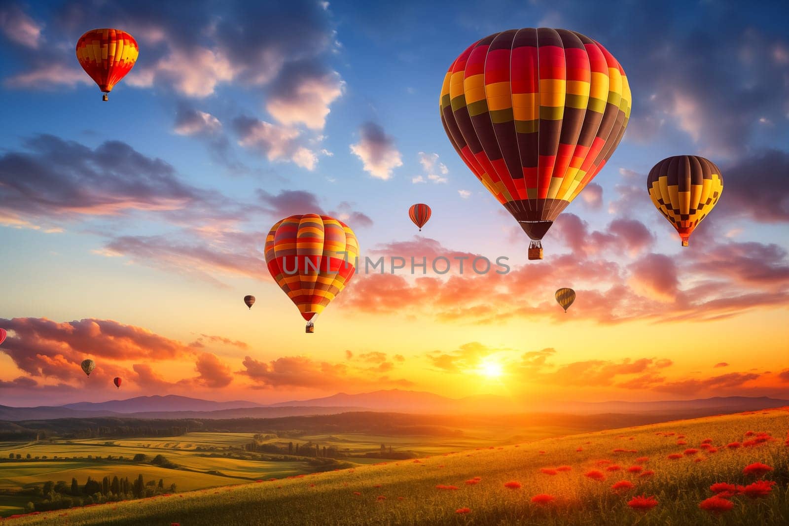 A colorful hot air balloons floats in sky over a blooming field meadow of flowers landscape at sunset with orange and blue skies in the background. Travel journey adventure beauty of nature concept