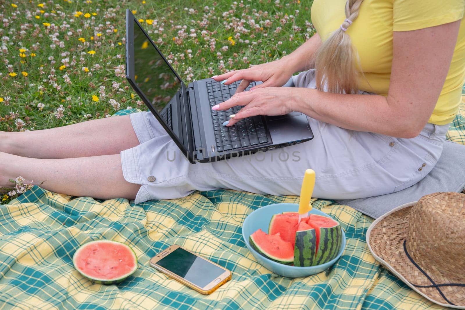 blonde woman with a laptop lies on a blanket in the green grass on a sunny day by KaterinaDalemans