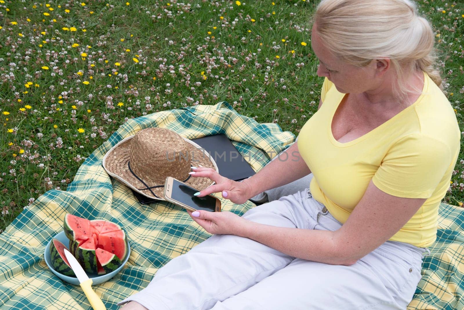 blonde woman with a laptop lies on a blanket in the green grass on a sunny day by KaterinaDalemans