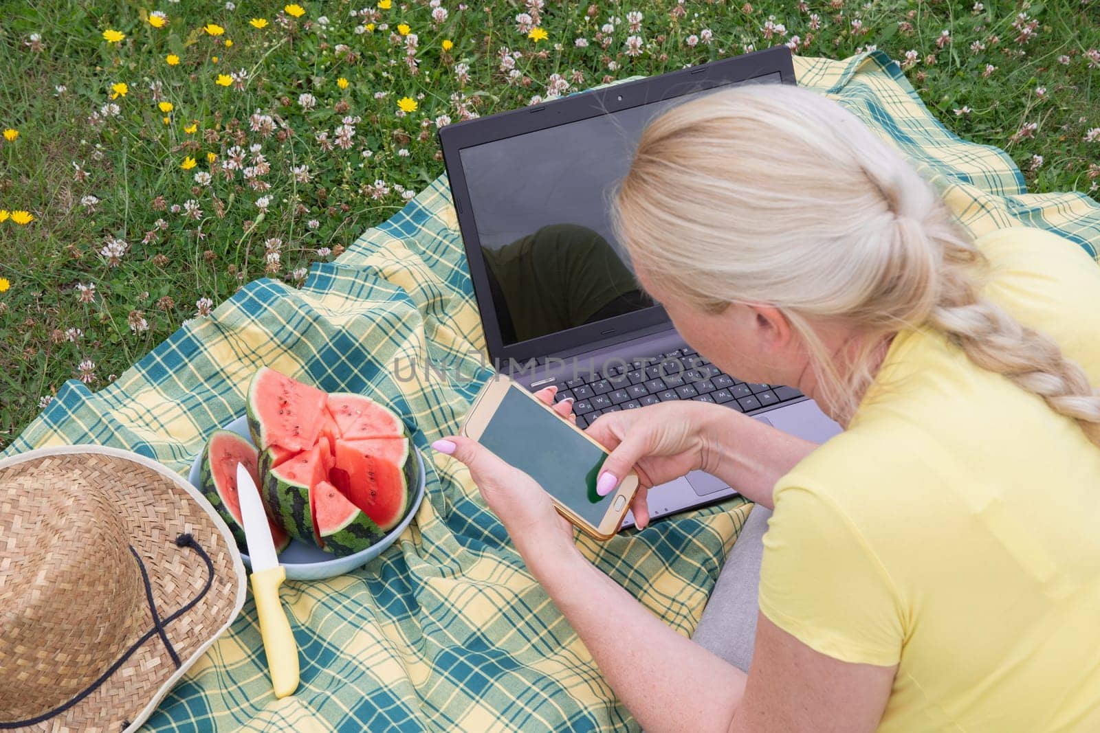 young blonde woman with mobile phone and laptop lies on a blanket in green grass on a sunny day, watermelon summer picnic, remote work, virtual chat, green screen, app mockup, high quality photo