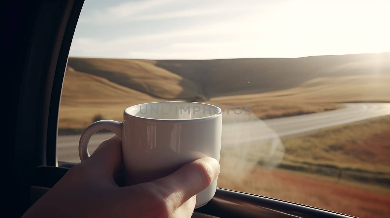 a hand with a white coffee cup at the window of a car driving in nature, among brown hills.