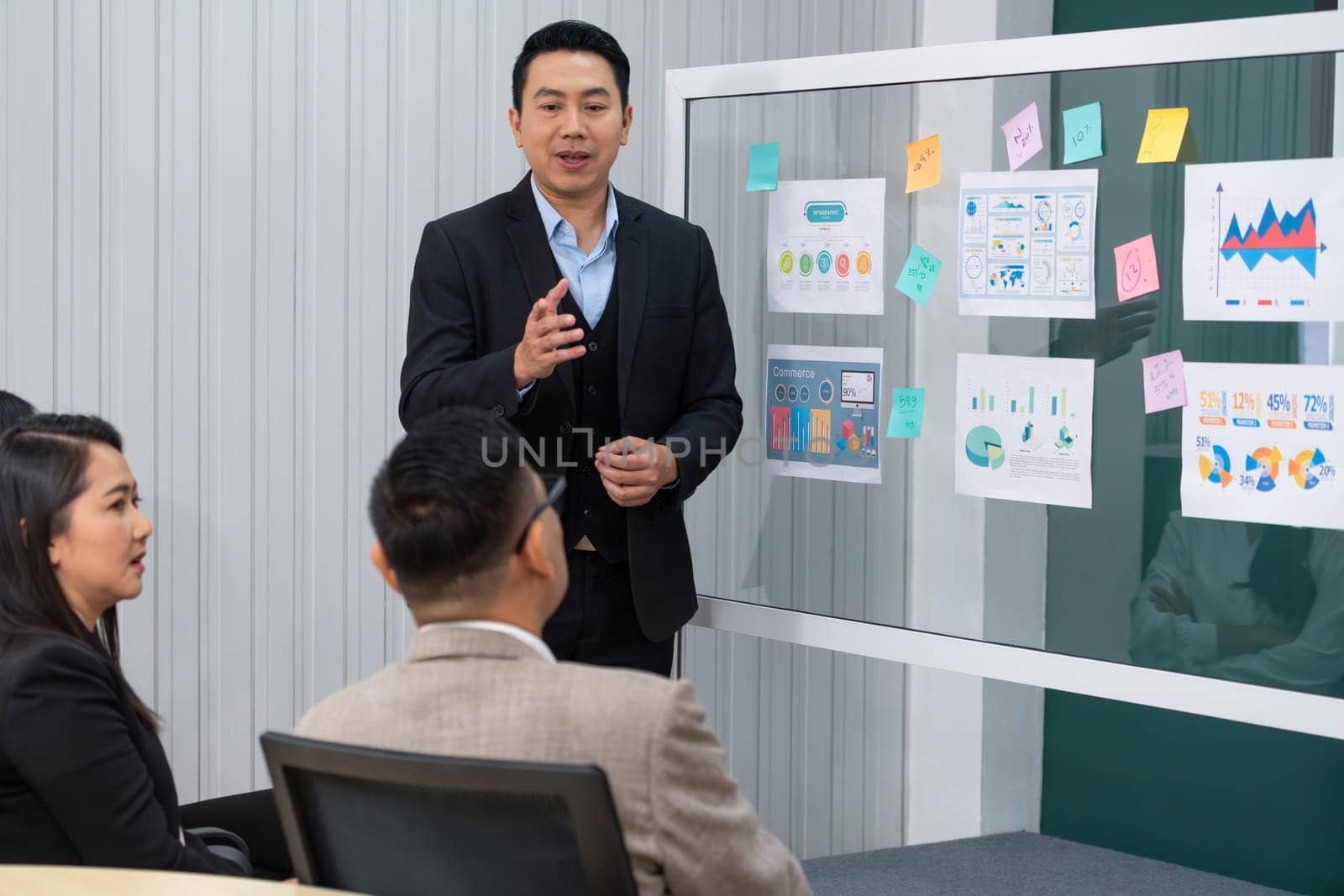 Successful businessman presenting his financial plan and data analyst with confident. group of executive editor focusing on his performance intentionally. Office Conference room meeting. Intellectual.
