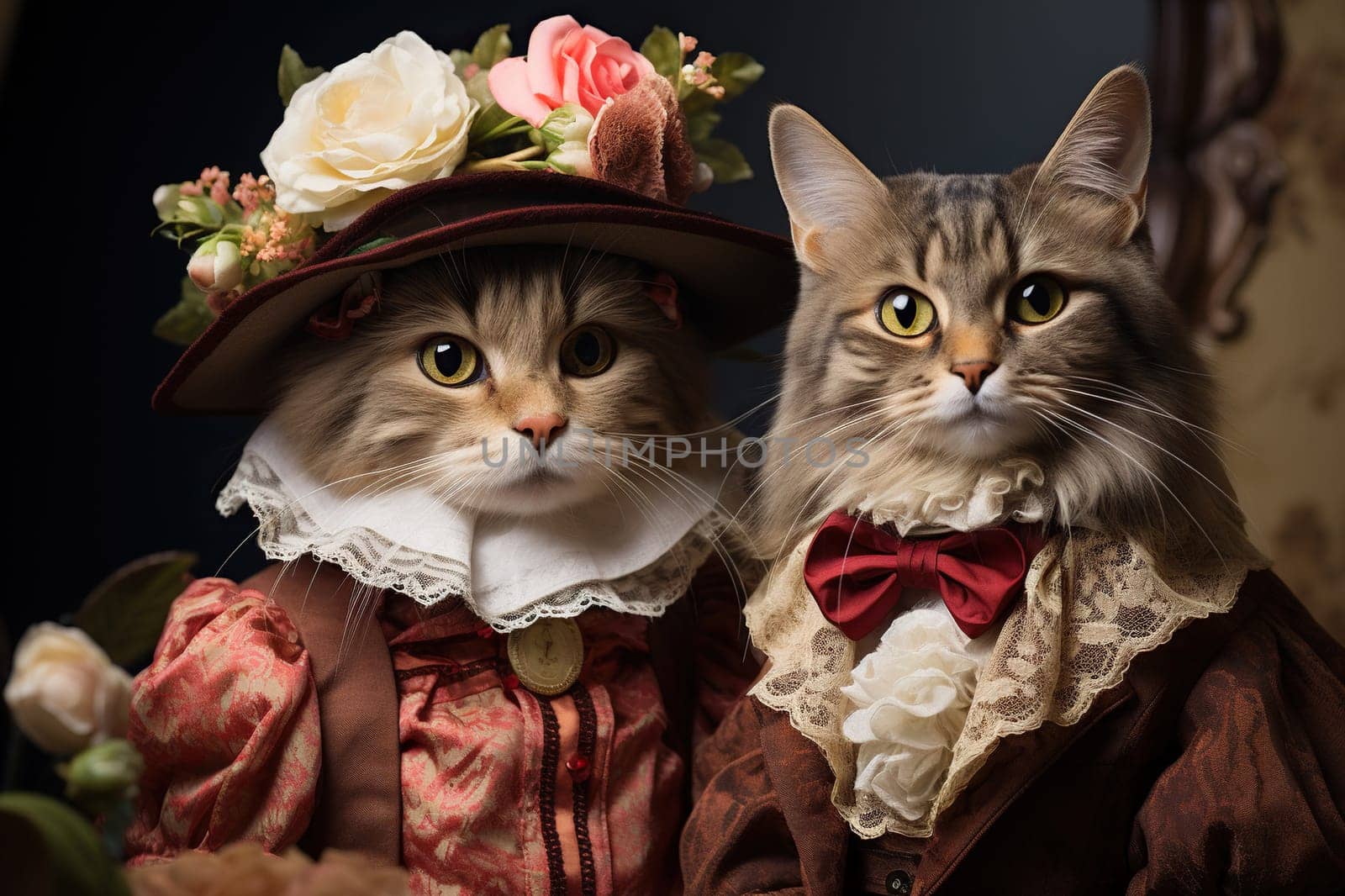 Family portrait of cats dressed in Victorian style.