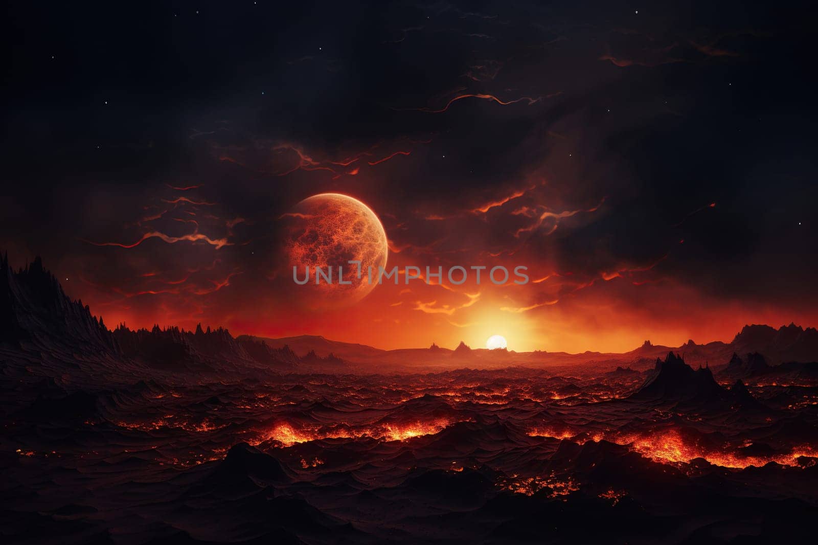 Surface of a fantasy planet with charred and burned earth and smoke. A celestial body is visible in the cloudy sky.
