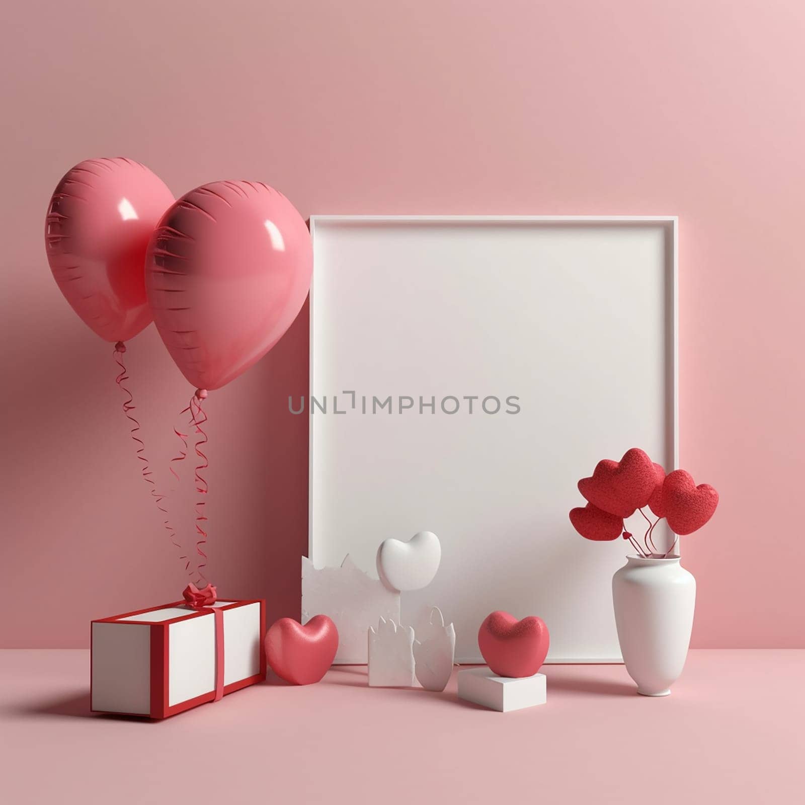 Minimalist love-themed display with heart-shaped balloons, gifts, and white frame on pink background