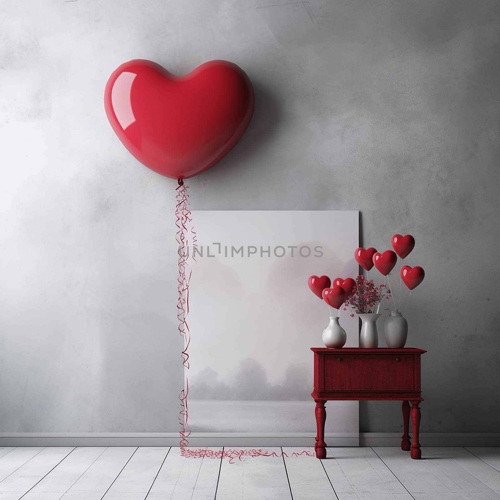 A large heart-shaped balloon hovers above a table with heart decorations by Hype2art