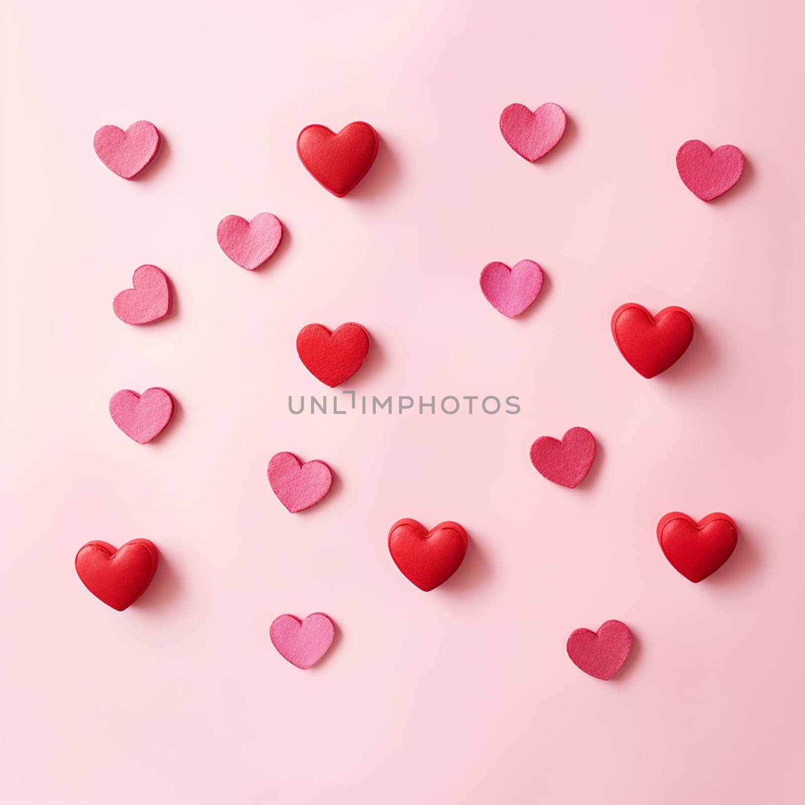 Assortment of pink and red hearts on a pastel background.