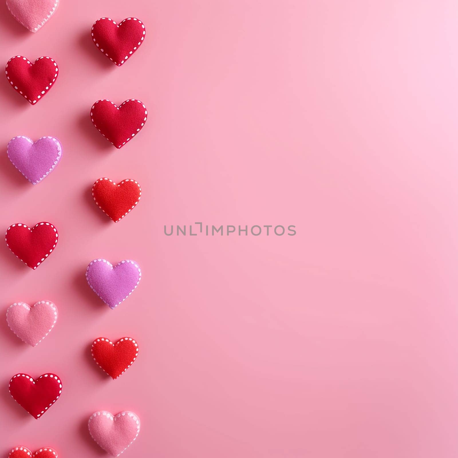 Assorted heart shapes arranged on a pink background, symbolizing love, Valentine's Day. by Hype2art