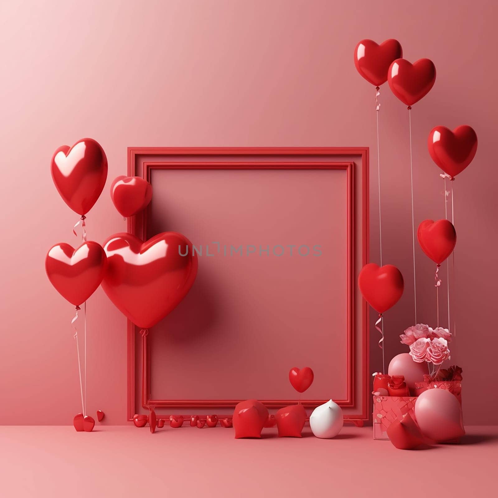 Assortment of red and pink heart-shaped balloons and decorations on a pink background.