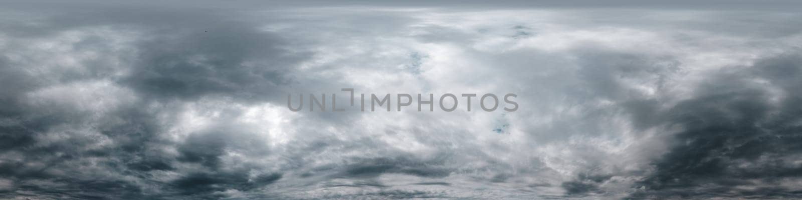 Dramatic overcast sky panorama with dark gloomy Cumulonimbus clouds. HDR 360 seamless spherical panorama. Sky dome in 3D, sky replacement for aerial drone panoramas. Weather and climate change