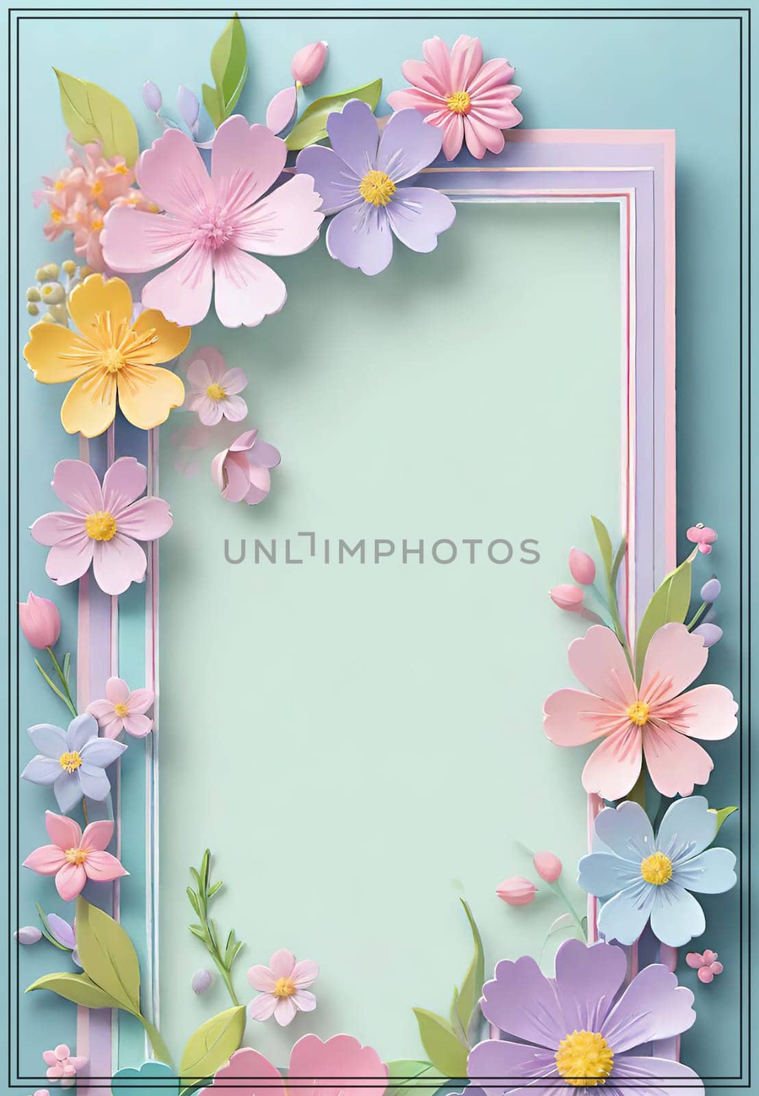Cherry blossom frame on pastel background with space for text. Sakura.Paper art of Cherry blossom with frame on pastel background.Paper cut style.Spring background with sakura flowers and leaves. Vector paper illustration.3d rendering.Spring flowers frame with copy space for your text. Pastel colors.Minimal style.İnvitation and celebrations.