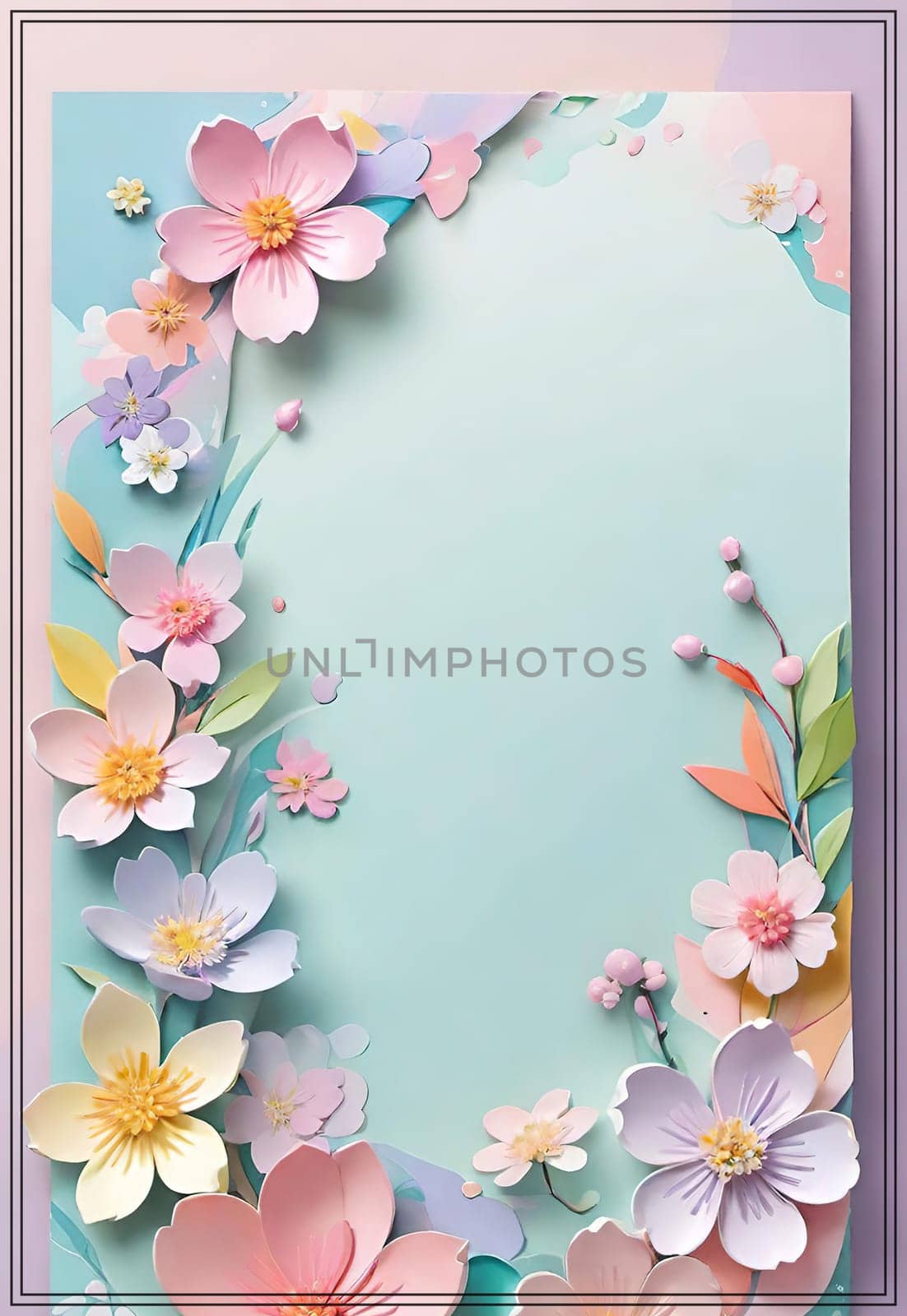 Cherry blossom frame on pastel background with space for text. Sakura.Paper art of Cherry blossom with frame on pastel background.Paper cut style.Spring background with sakura flowers and leaves. Vector paper illustration.3d rendering.Spring flowers frame with copy space for your text. Pastel colors.Minimal style.İnvitation and celebrations.