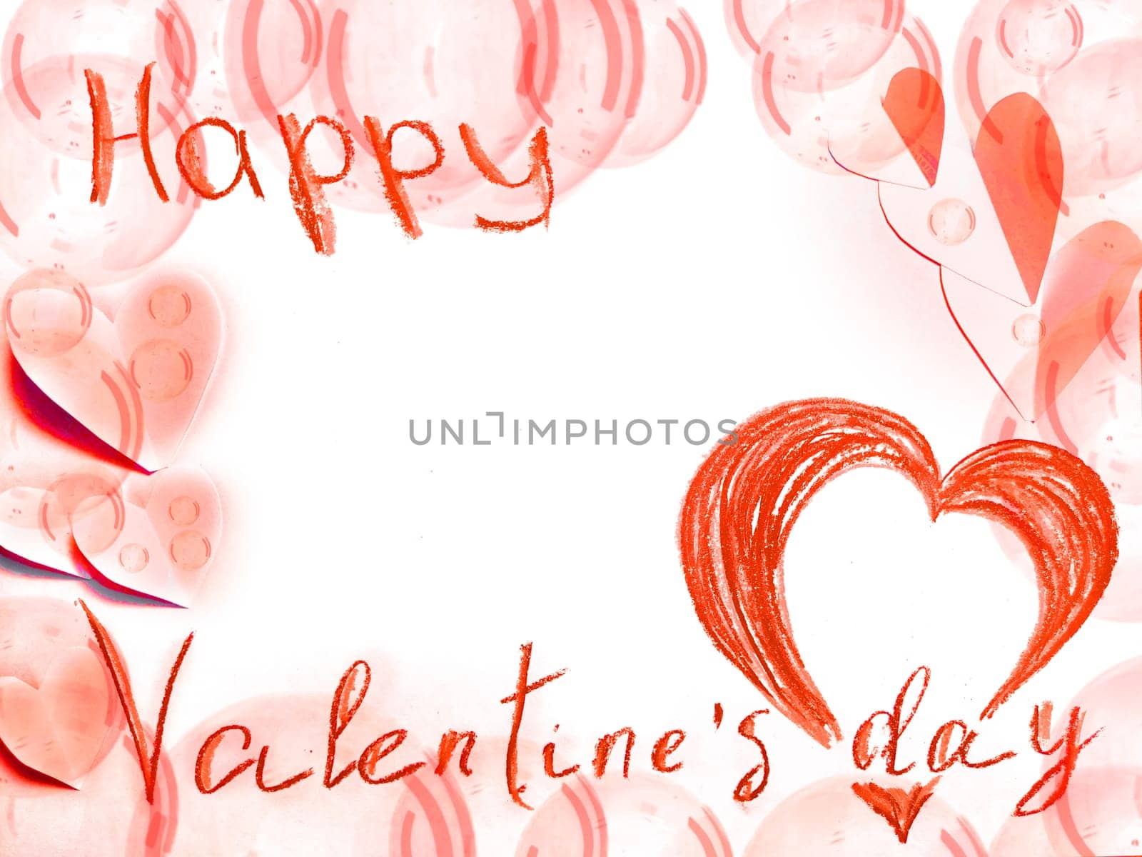 Valentine's day background with red hearts and and the inscription on pink and white place. Festive texture with copy space and place for text. Top view by keleny