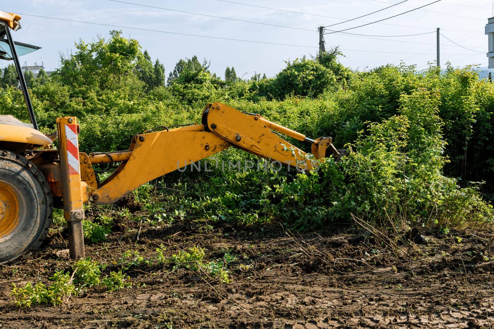 Excavator work efficiently removes bushes and trees, clearing territory for construction. by Yaroslav