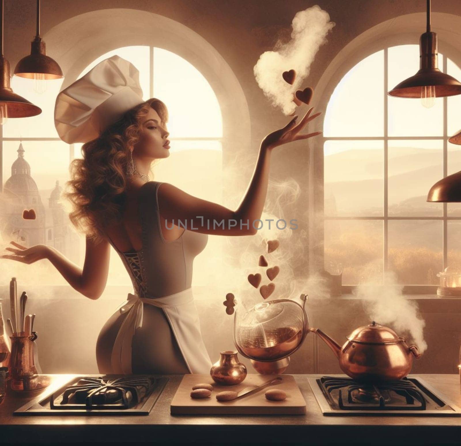 glamourous chef in steampunk kitchen with windiwn natural light cooking posing dancing singing illustration generative ai art