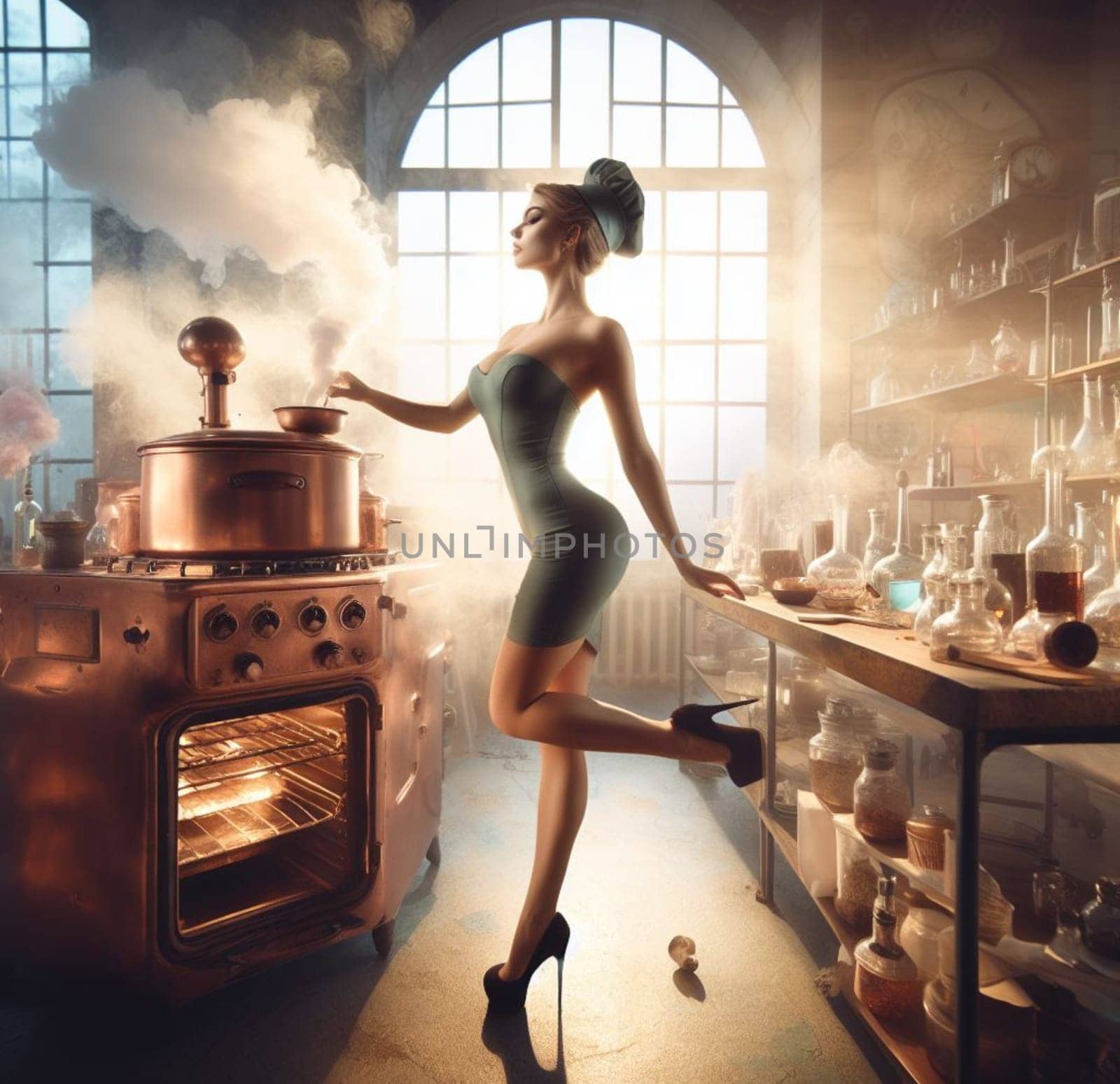 glamourous chef in steampunk kitchen with windiwn natural light cooking posing dancing singing illustration generative ai art