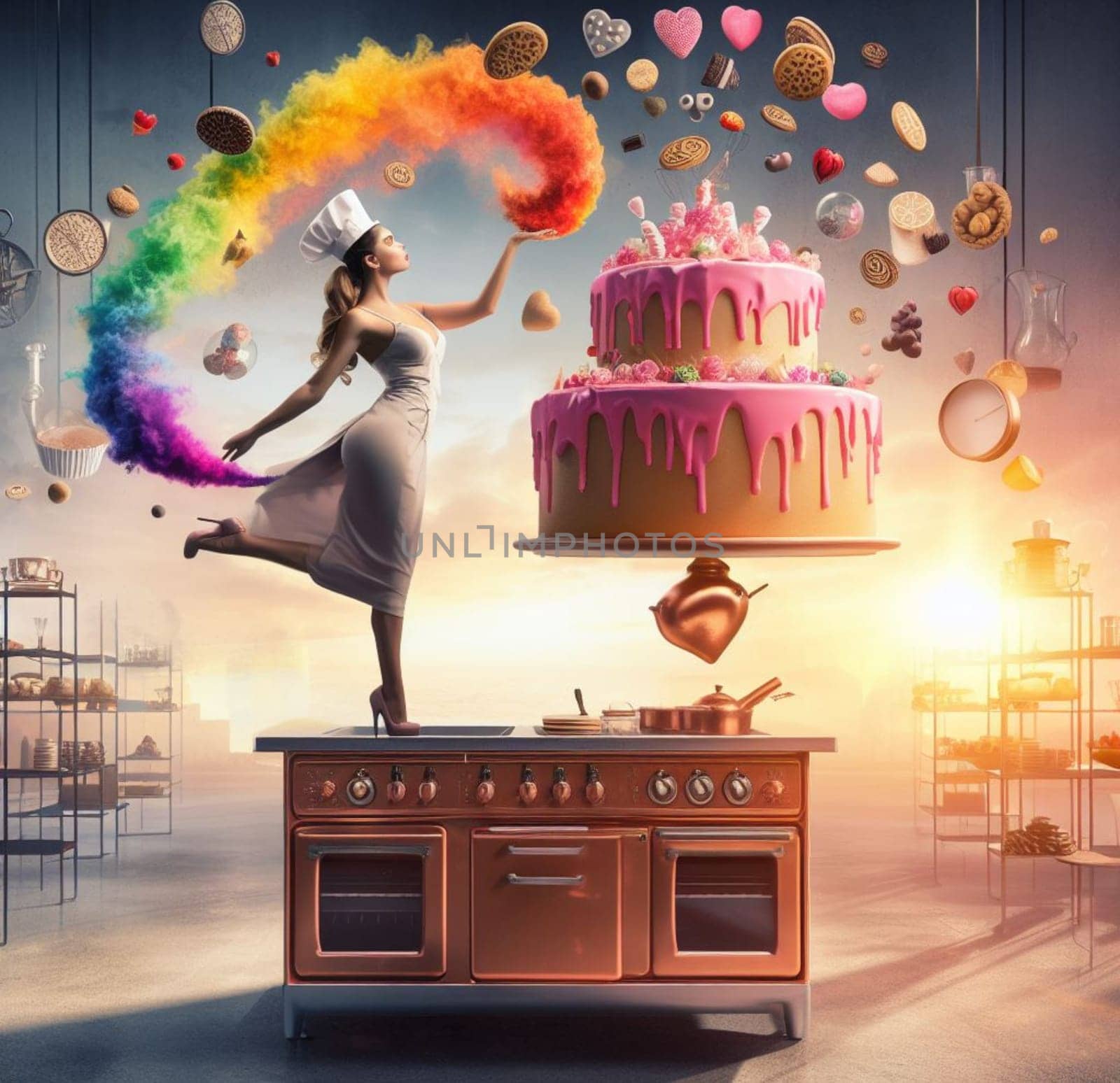 glamourous chef in steampunk kitchen with windiwn natural light cooking posing dancing singing illustration generative ai art