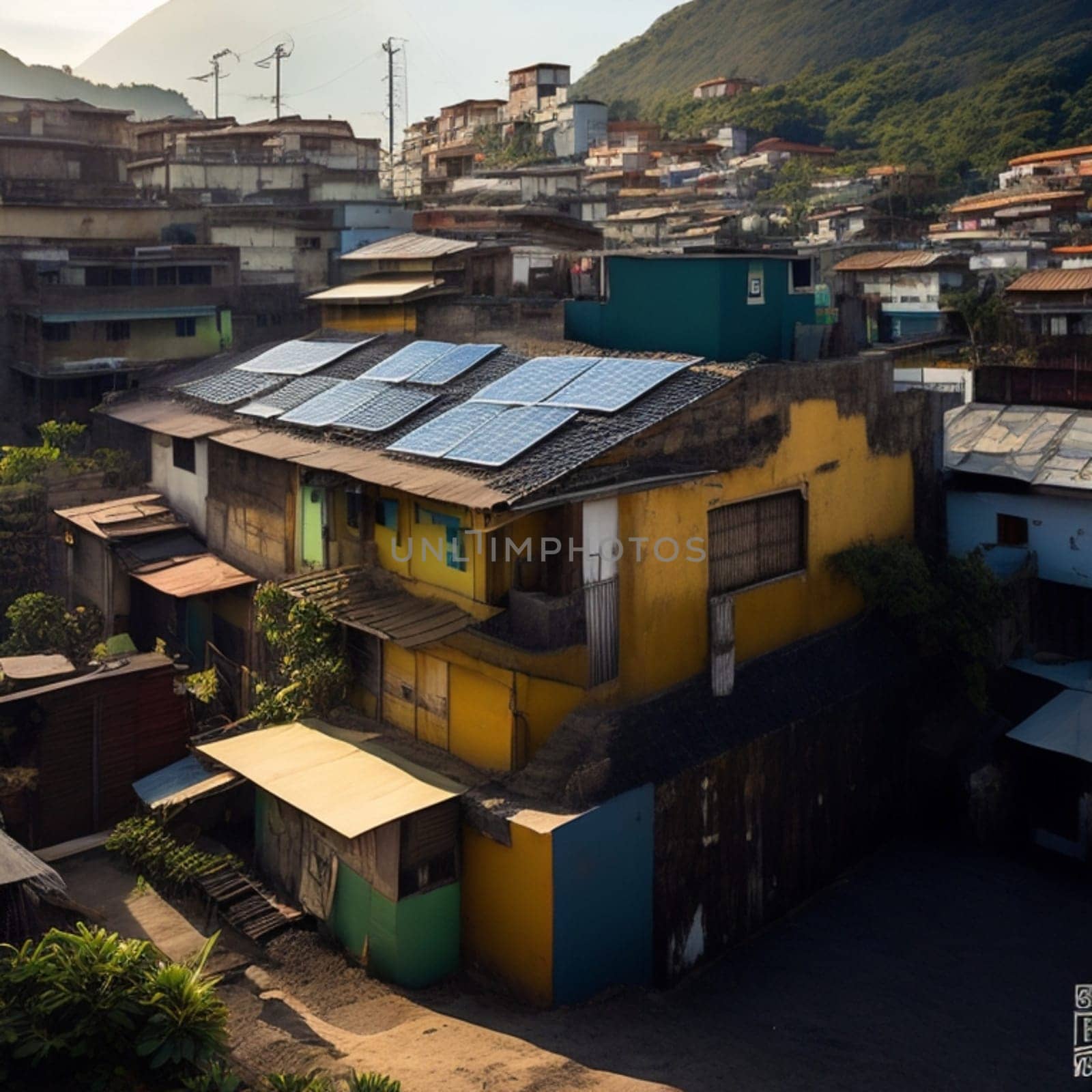 photovoltaic solar panels on slum hood for clean and cheap energy illustration generative ai