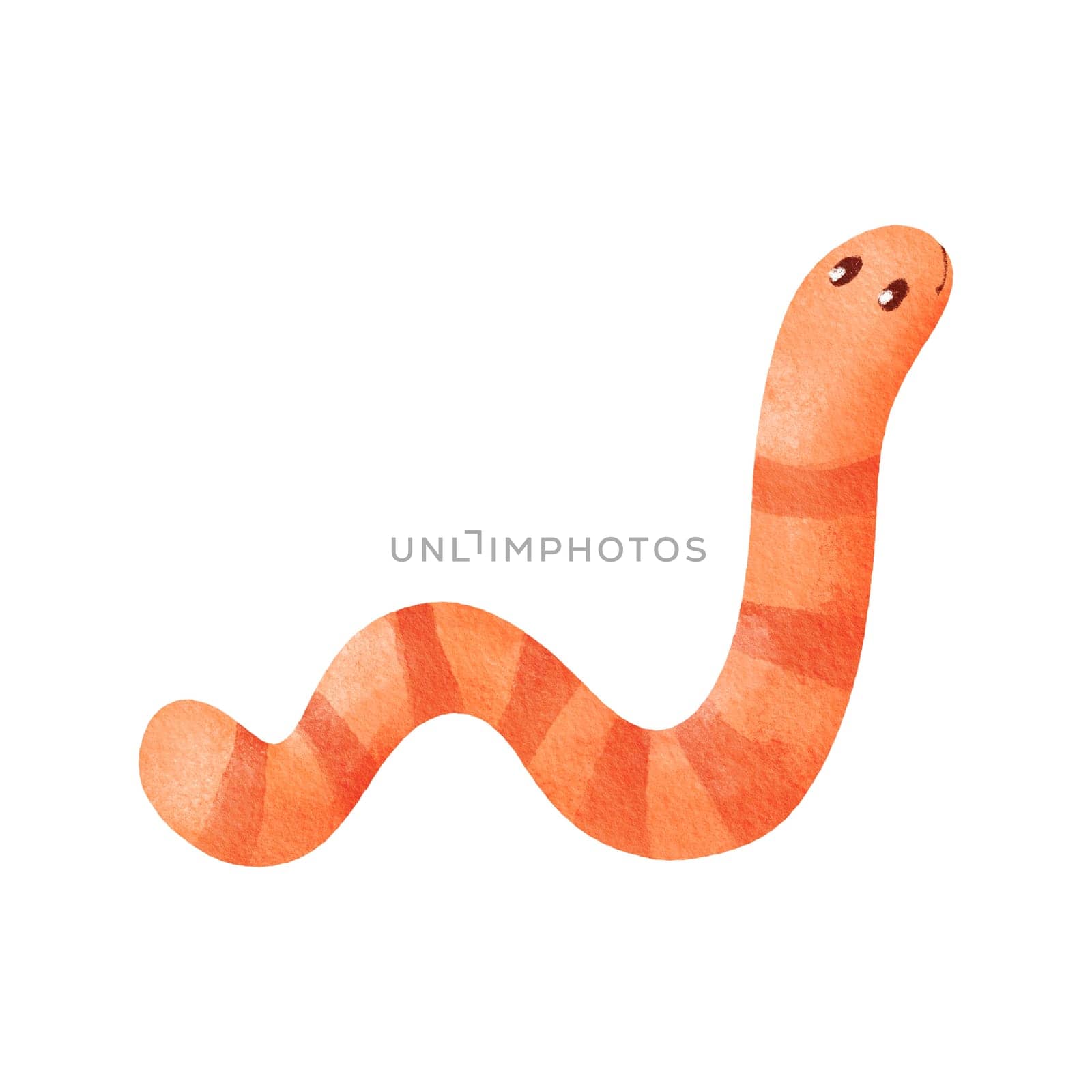 watercolor illustration of a worm. spring, nature, and the outdoors. for themes related to fishing, springtime, and insects. cartoon style for children's books, nature-themed designs.