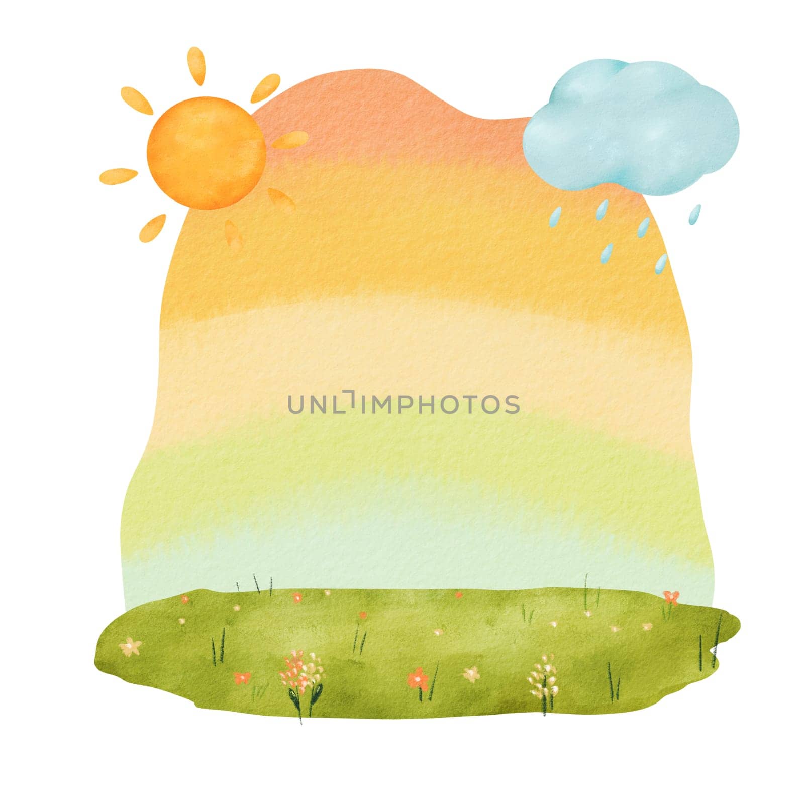 watercolor background for children's illustrations. composition is a green meadow with flowers, a soft rainbow backdrop, and the playful elements of sun and rain. for books, posters, and designs by Art_Mari_Ka