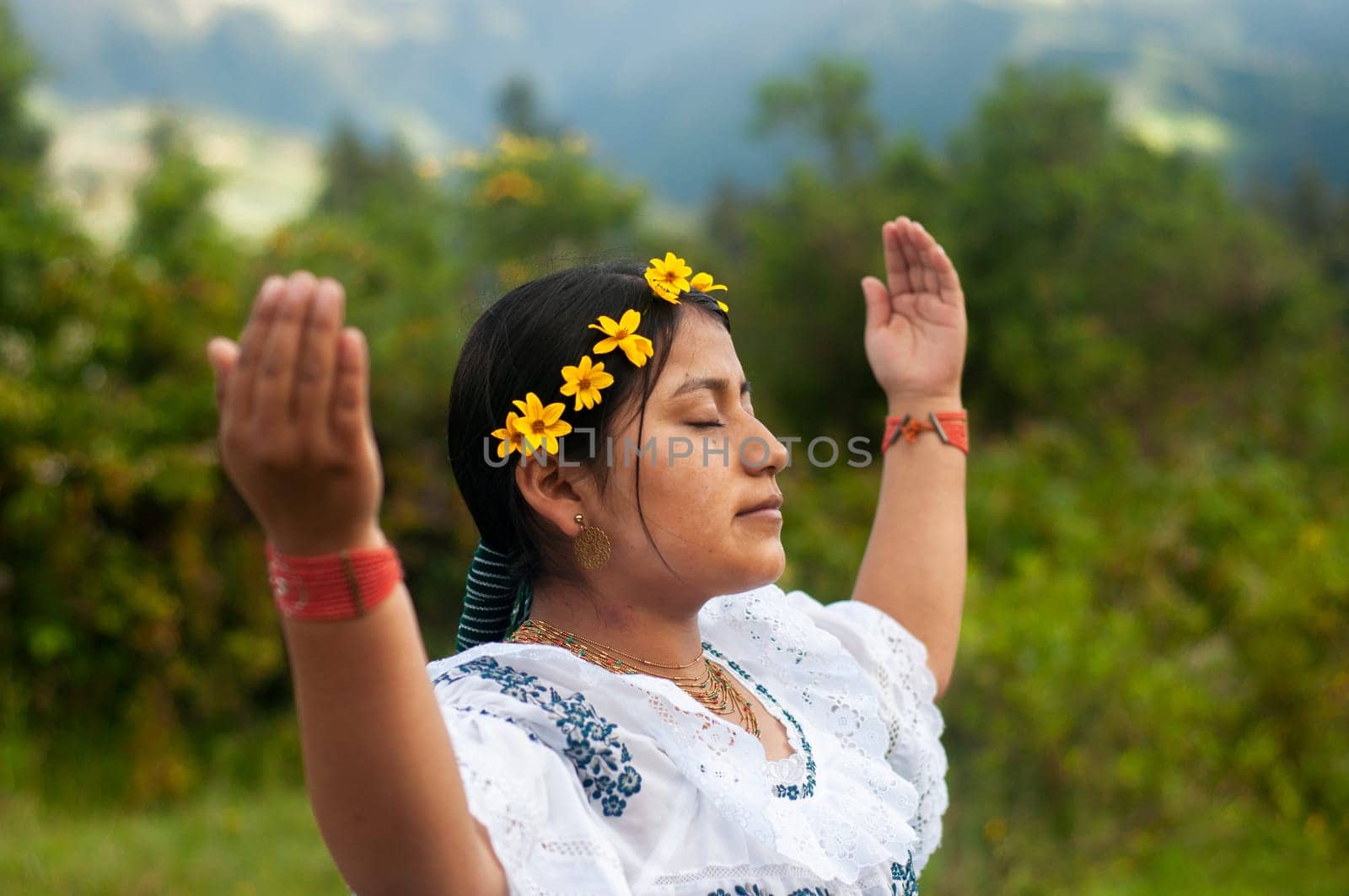 Young Indigenous Woman Performing a Traditional Dance in Rural Ecuador at Dusk by Raulmartin